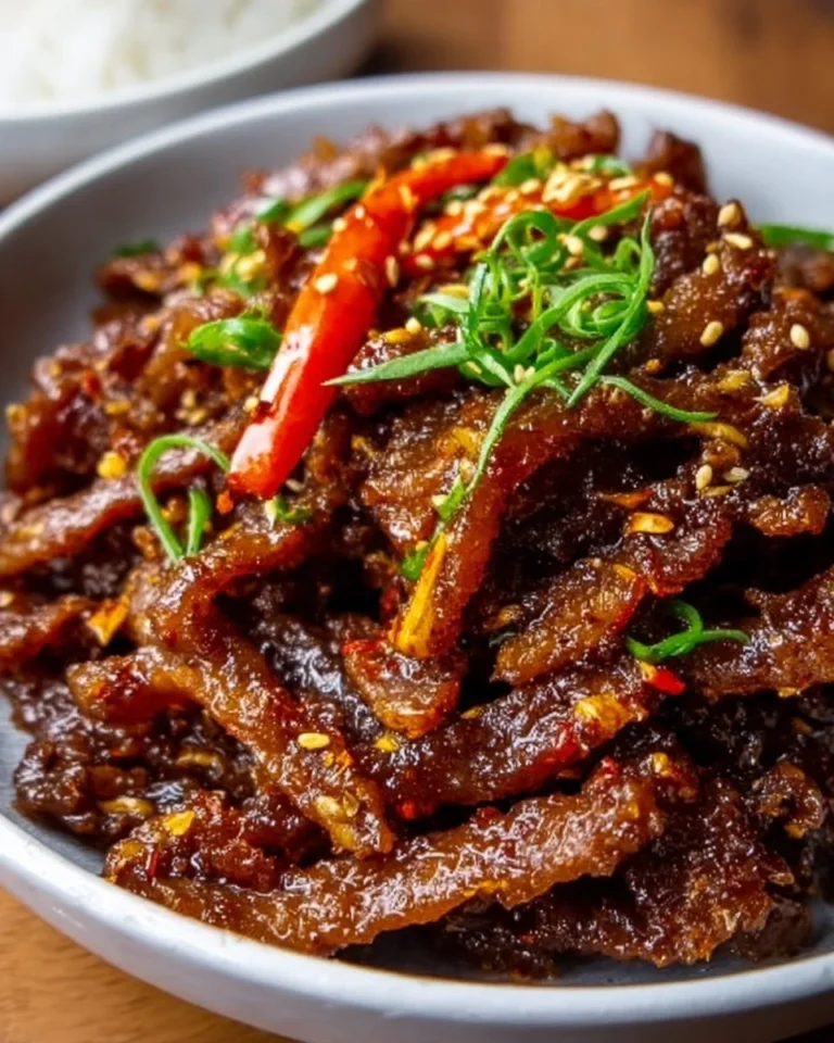 Deliciously crispy chilli beef dish garnished with vegetables