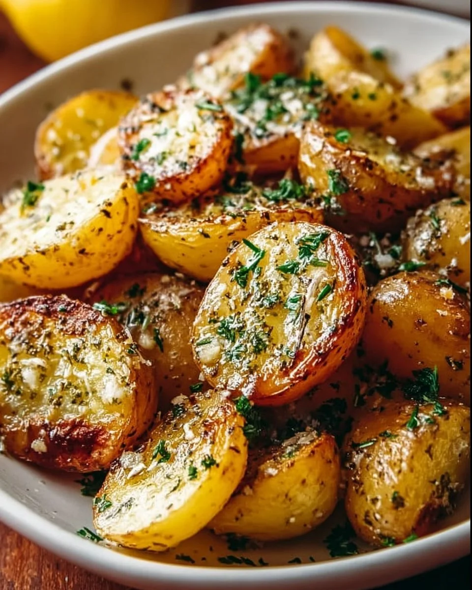 Crispy Lemony Greek Potatoes garnished with herbs on a plate