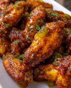 Plate of crispy dill pickle chicken wings garnished with pickles and herbs