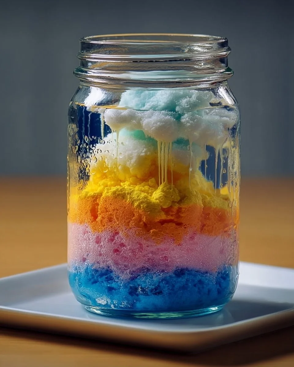 DIY rain cloud in a jar project for kids with materials instructions