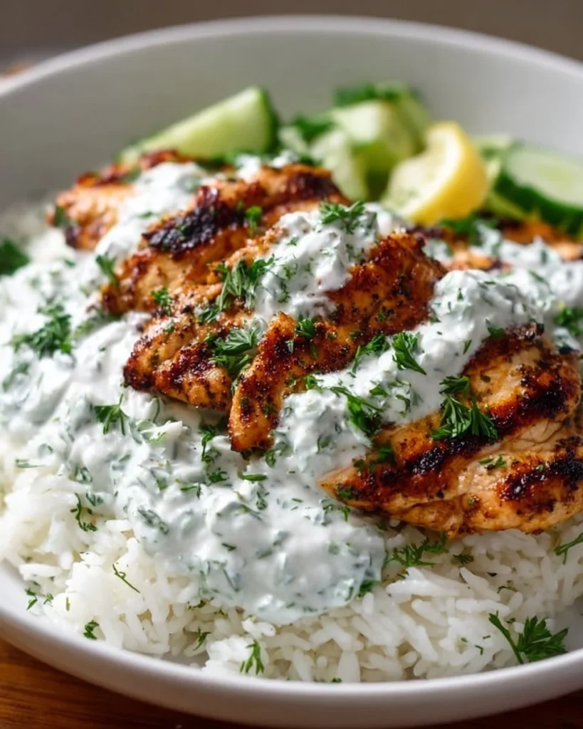 Dump-and-Bake Chicken Tzatziki with Rice on a plate garnished with fresh herbs