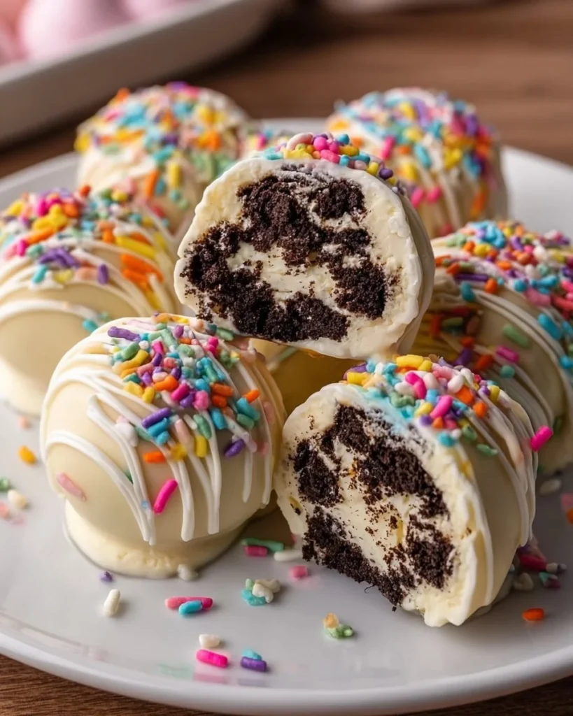 Delicious Easter Egg Oreo Balls drizzled with chocolate and decorated for the holiday.