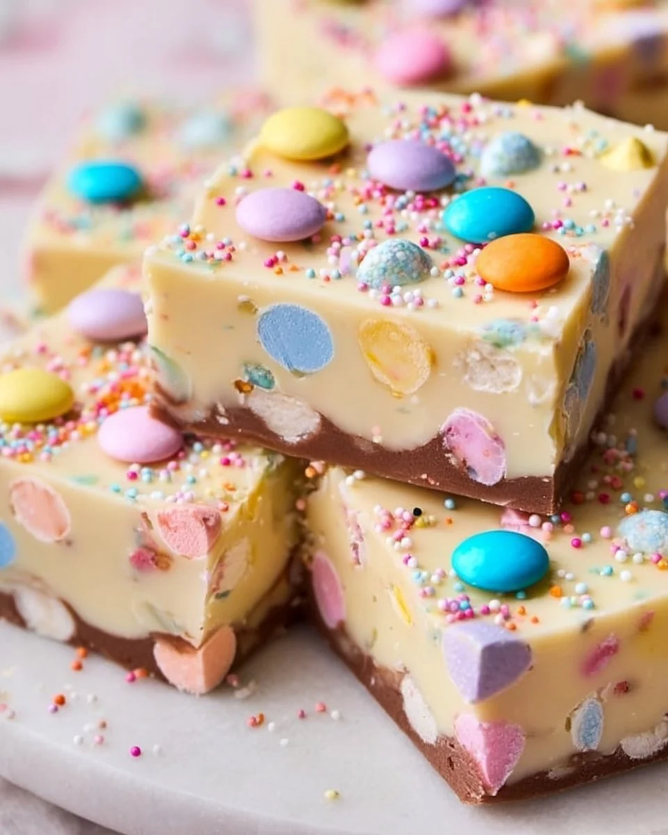Delicious homemade Easter fudge decorated with pastel colors