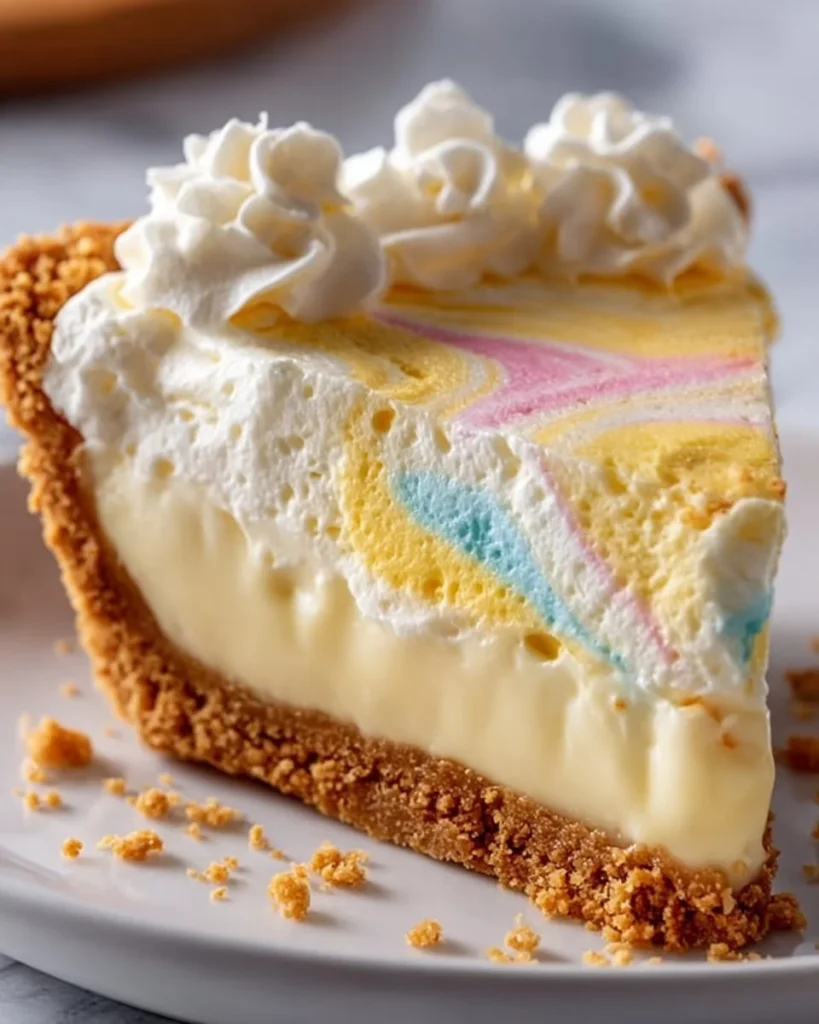 Easter Swirl Cream Pie topped with colorful swirls and creamy filling