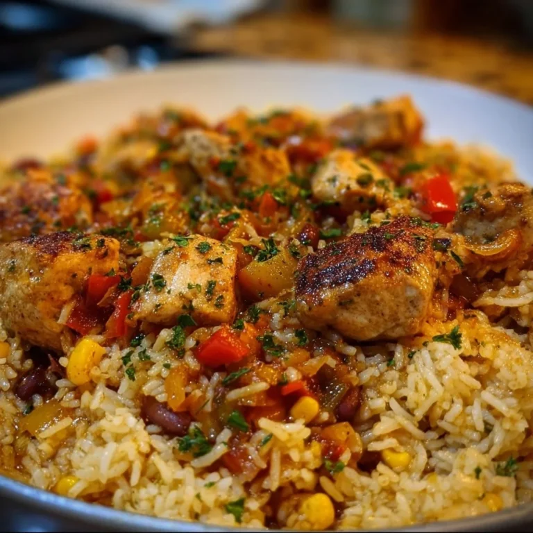 Plate of easy Caribbean Chicken and Rice garnished with herbs