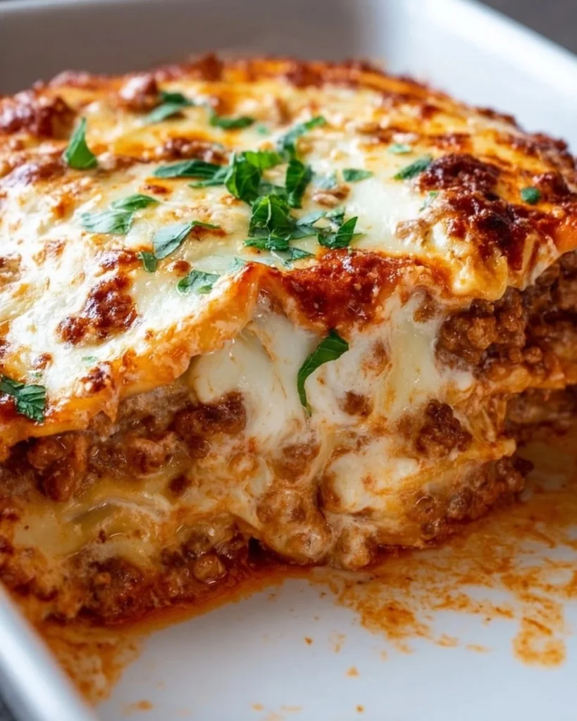 Delicious easy cheesy lasagna with layers of sauce and cheese
