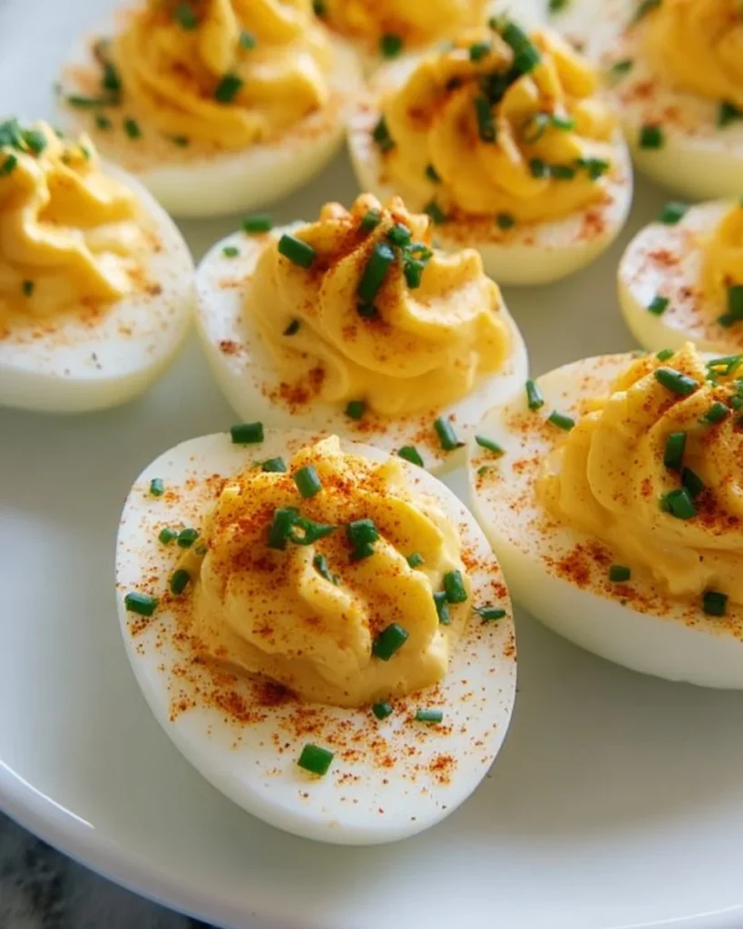 Delicious platter of easy deviled eggs garnished with paprika