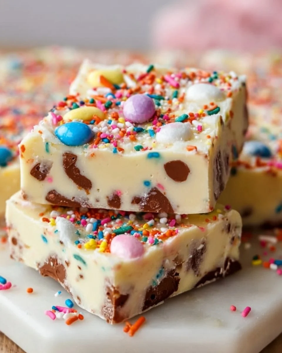 Colorful pieces of easy Easter fudge on a festive plate.