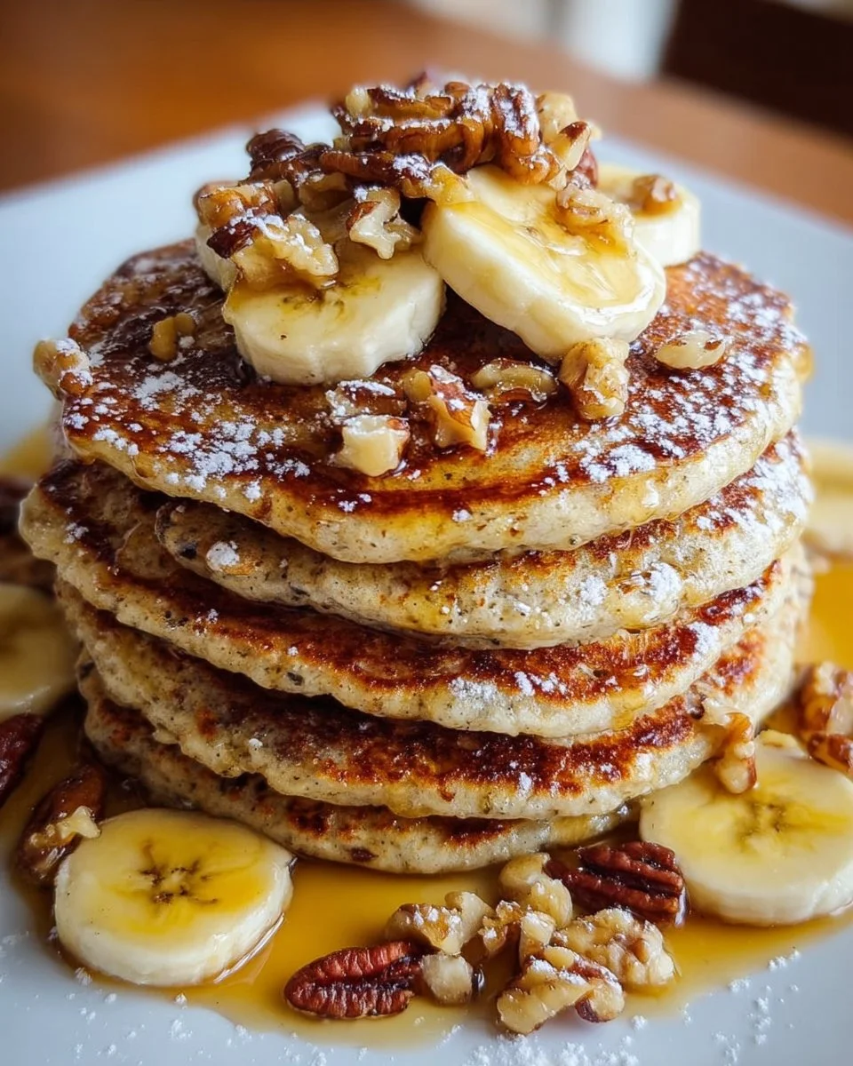 Delicious fluffy banana walnut pancakes stacked on a plate