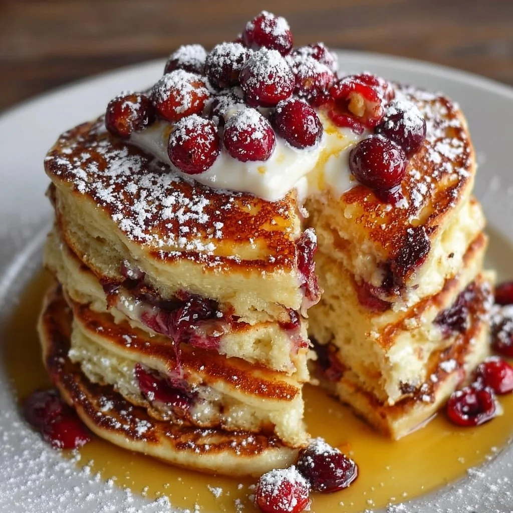 Fluffy cranberry orange ricotta pancakes stacked on a plate.