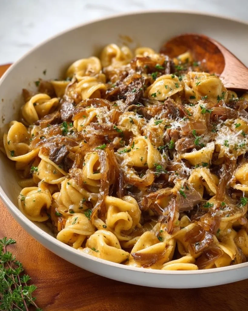 Creamy French Onion Pasta topped with melted cheese and caramelized onions