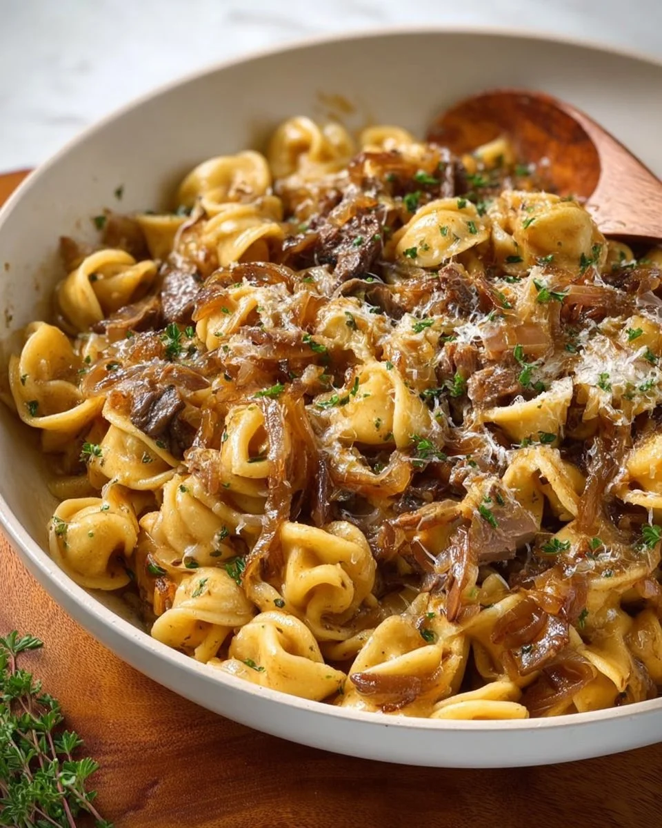 Creamy French Onion Pasta topped with melted cheese and caramelized onions