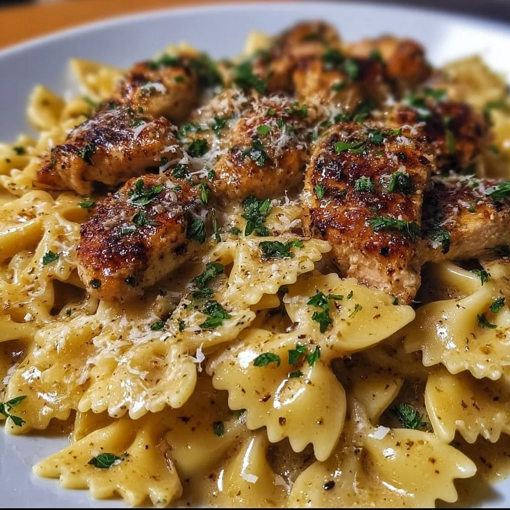 Garlic Butter Chicken served with Bowtie Pasta on a white plate.