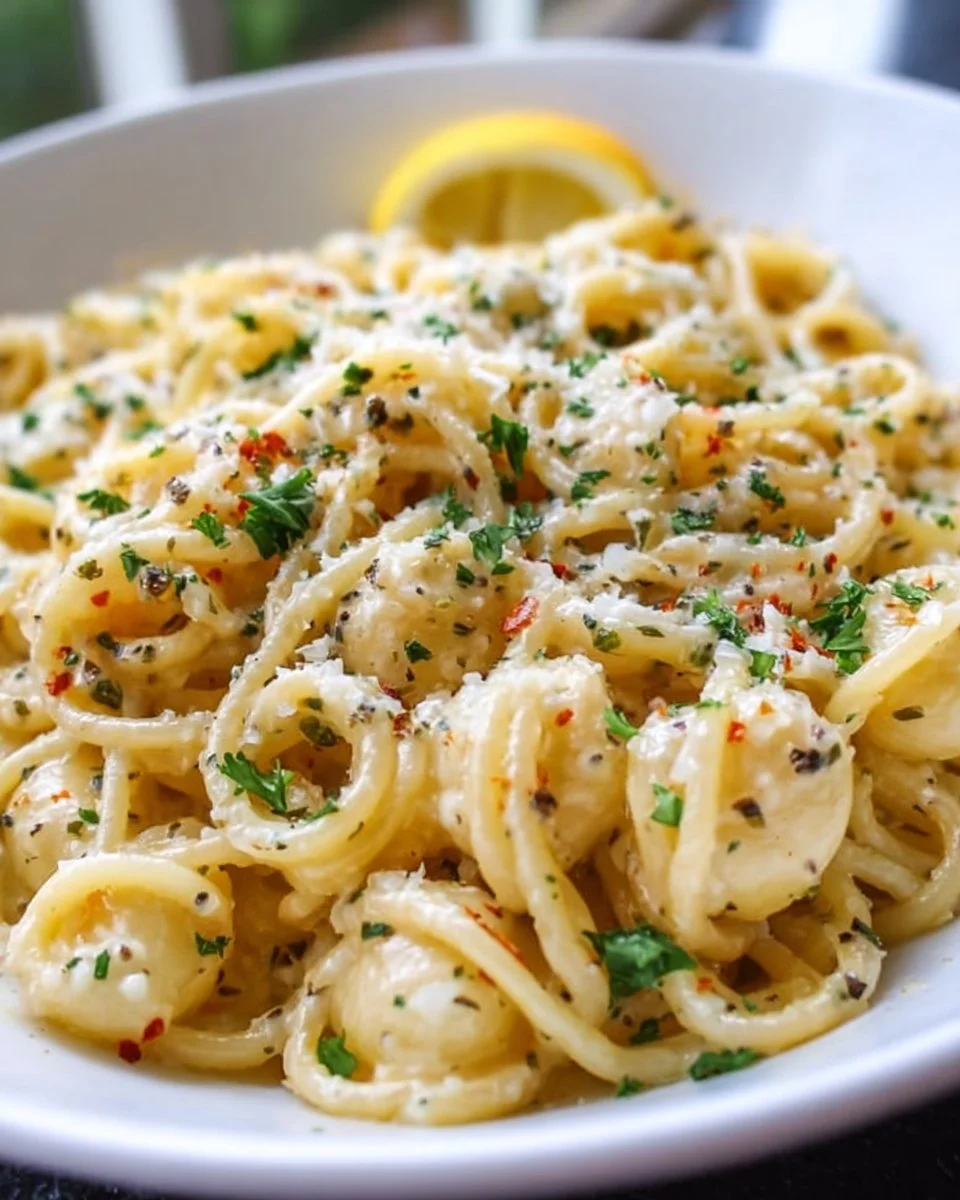 Delicious Garlic Butter Pasta with fresh herbs and grated cheese