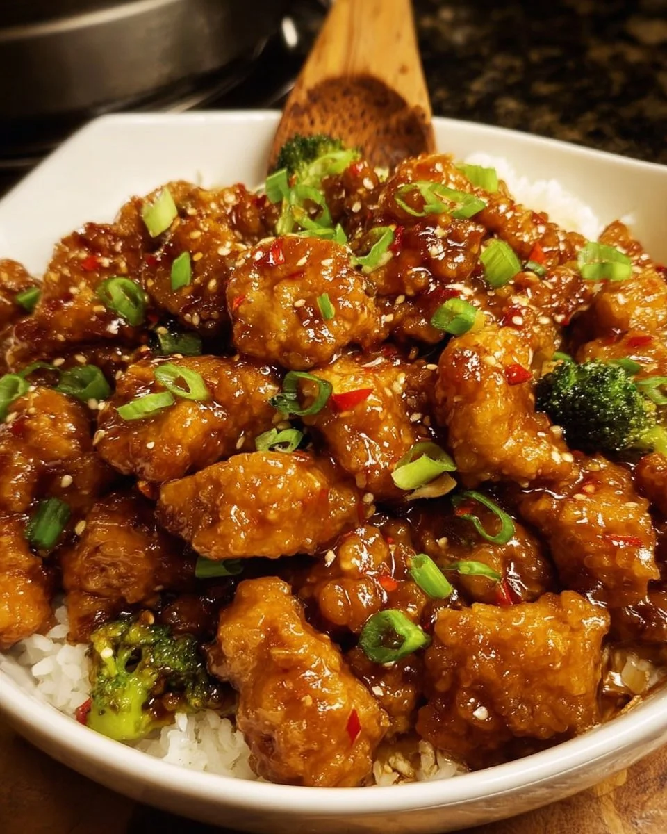 Delicious General Tso's Chicken served with steamed rice and vegetables