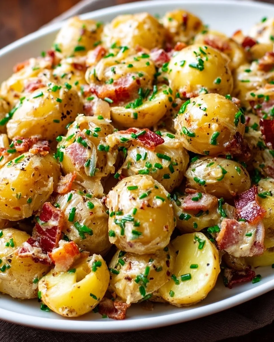 Delicious homemade German Potato Salad with herbs and dressing