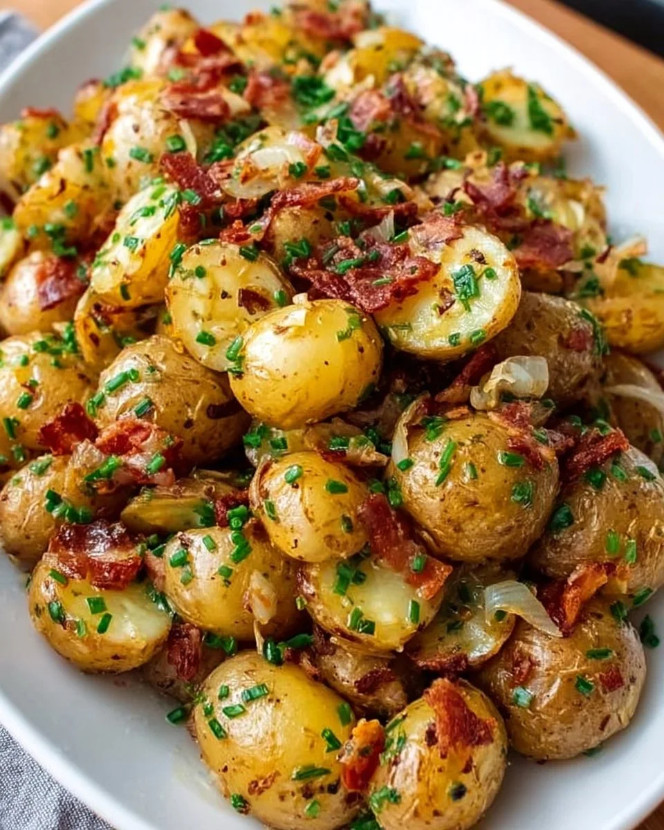 Bowl of traditional German Potato Salad with fresh herbs and spices