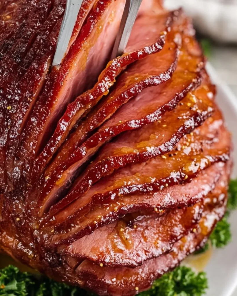 Delicious glazed ham served on a festive table, perfect for special occasions.