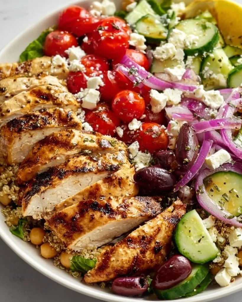 Greek Chicken Bowl full of fresh ingredients and vibrant colors