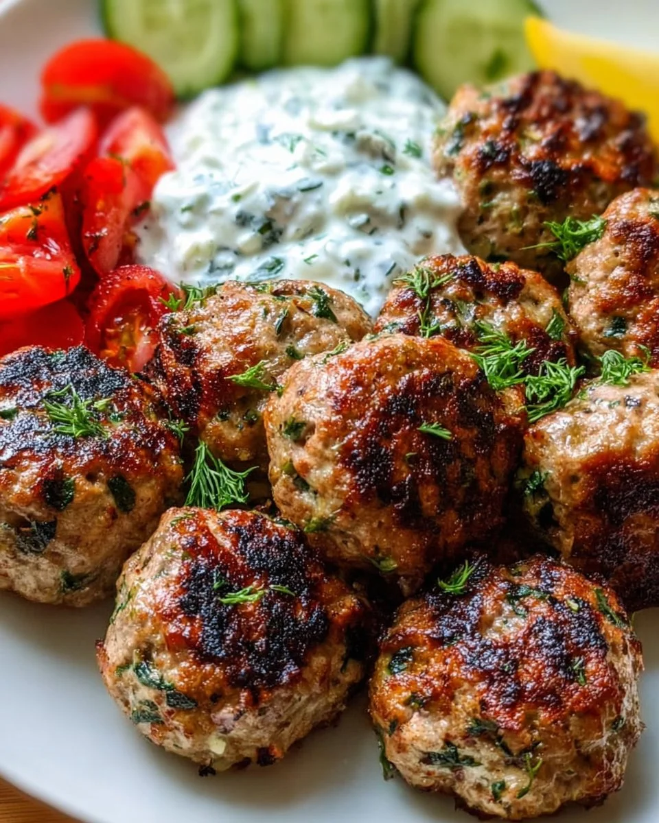 Greek Turkey Meatballs served with tzatziki sauce on a plate