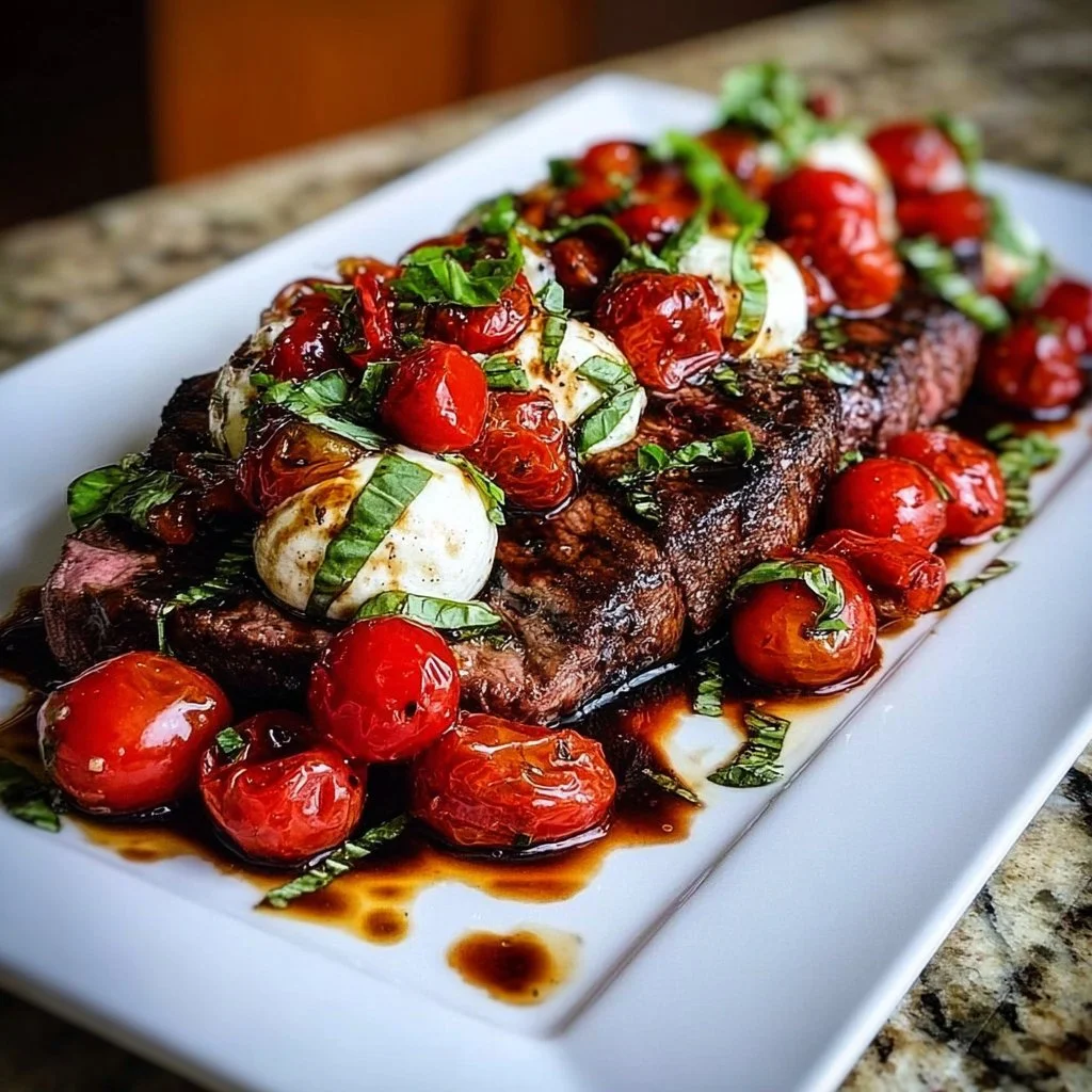 Grilled balsamic steak caprese with fresh tomatoes and basil garnished beautifully