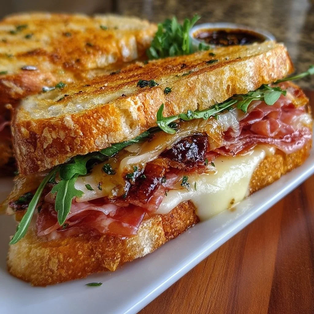 Grilled charcuterie board sandwich with assorted meats, cheeses, and toppings