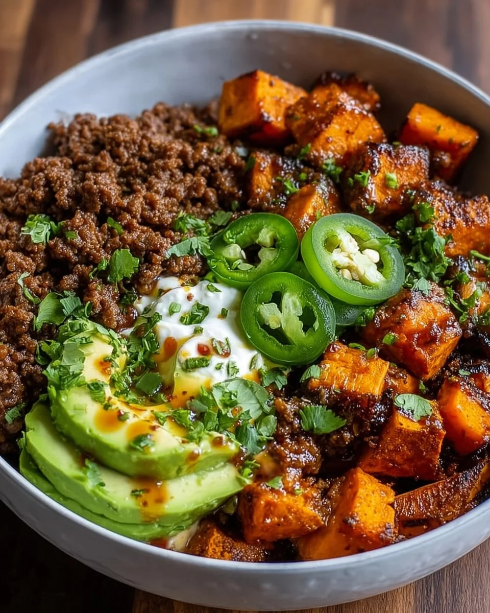 Delicious Ground Beef Hot Honey Bowl topped with sweet sauce and fresh ingredients