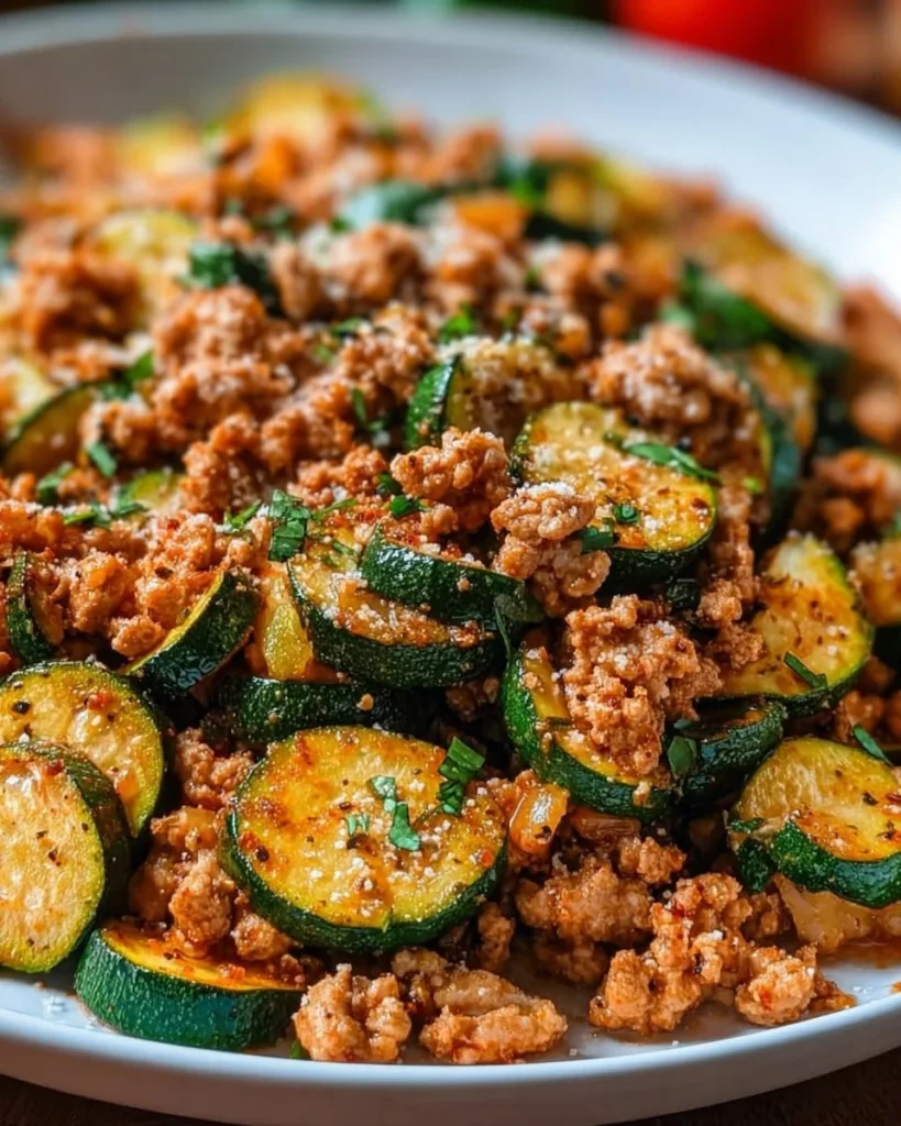 Ground turkey and zucchini skillet served in a frying pan