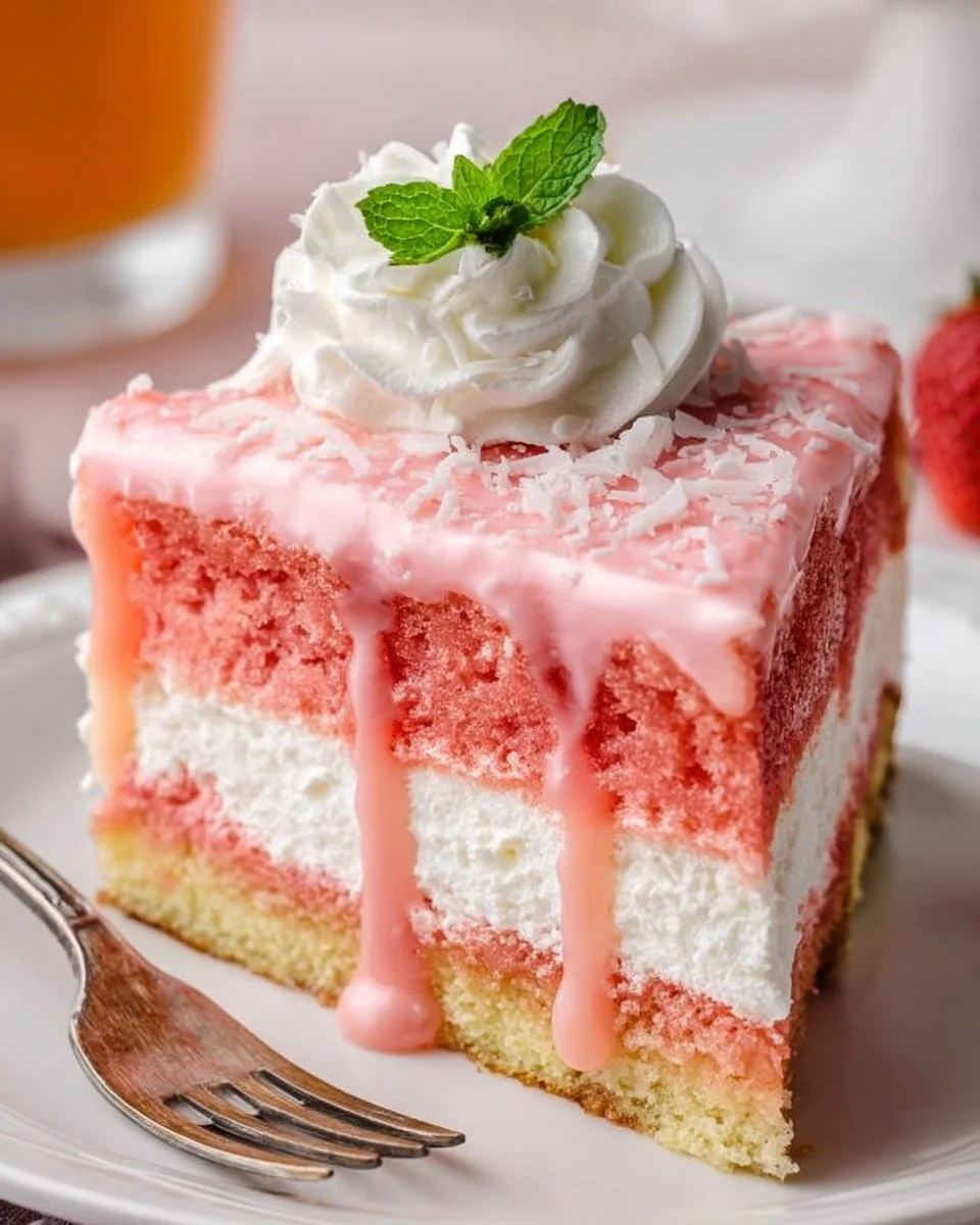 A slice of Hawaiian Guava Cake with vibrant guava frosting and tropical decorations.