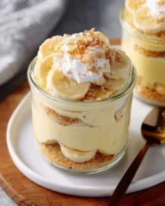 A bowl of healthy protein banana pudding topped with sliced bananas and nuts.