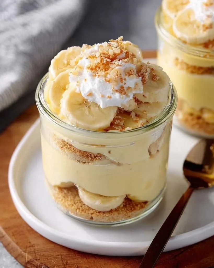 A bowl of healthy protein banana pudding topped with sliced bananas and nuts.