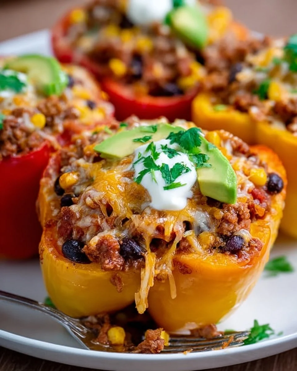 Healthy taco stuffed peppers filled with ground meat and vegetables