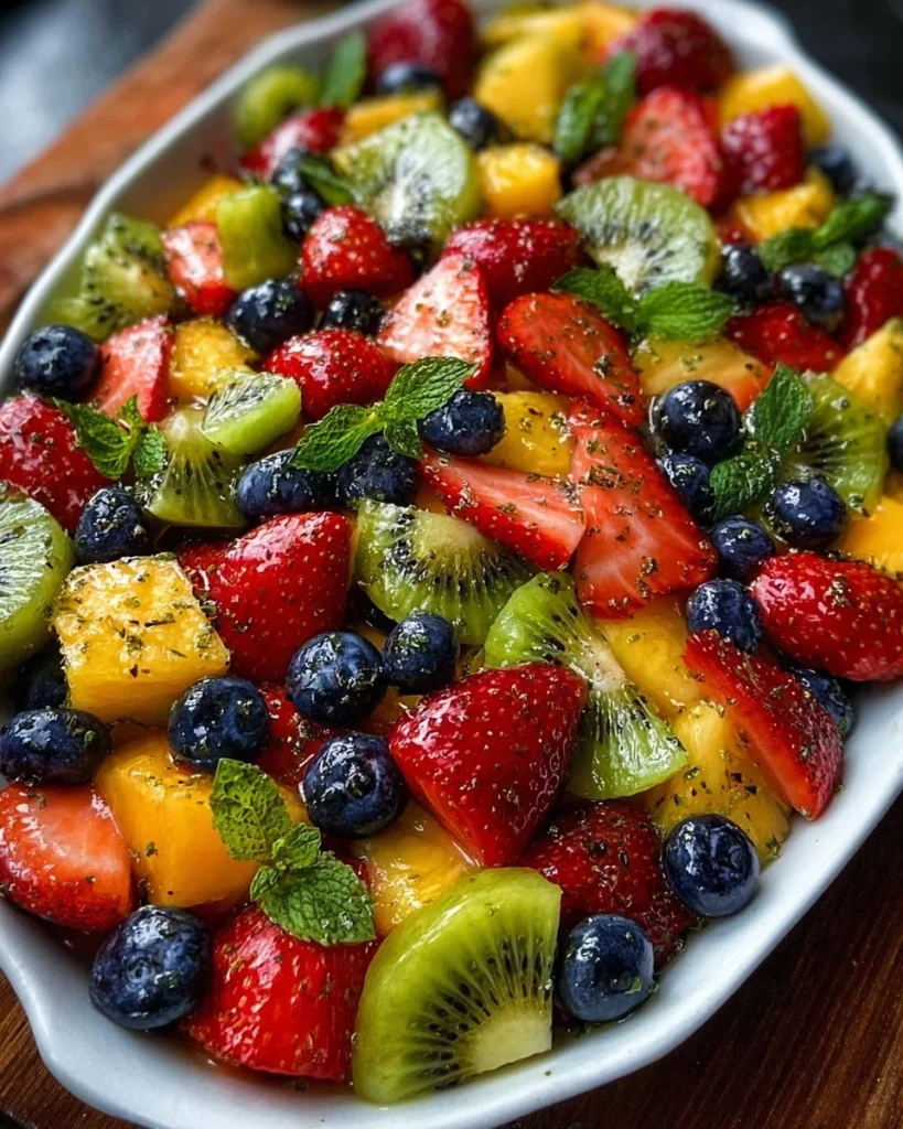 Heavenly honey lime fruit salad with assorted fresh fruits and a lime drizzle.