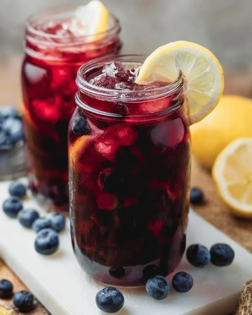 Glass of homemade blueberry lemon iced tea with fresh blueberries and lemons