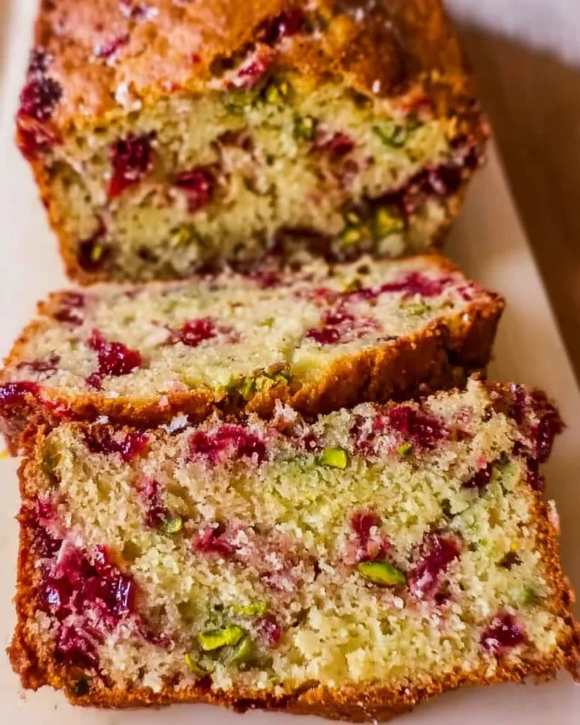 Loaf of homemade cranberry pistachio bread on a wooden cutting board