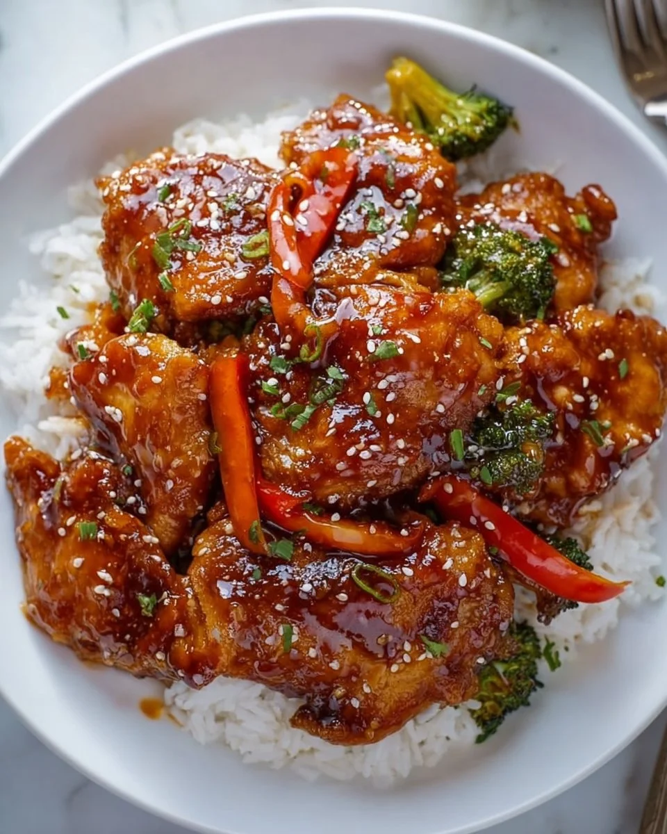 Plate of Honey Garlic Chicken with a savory glaze and garnished with green onions