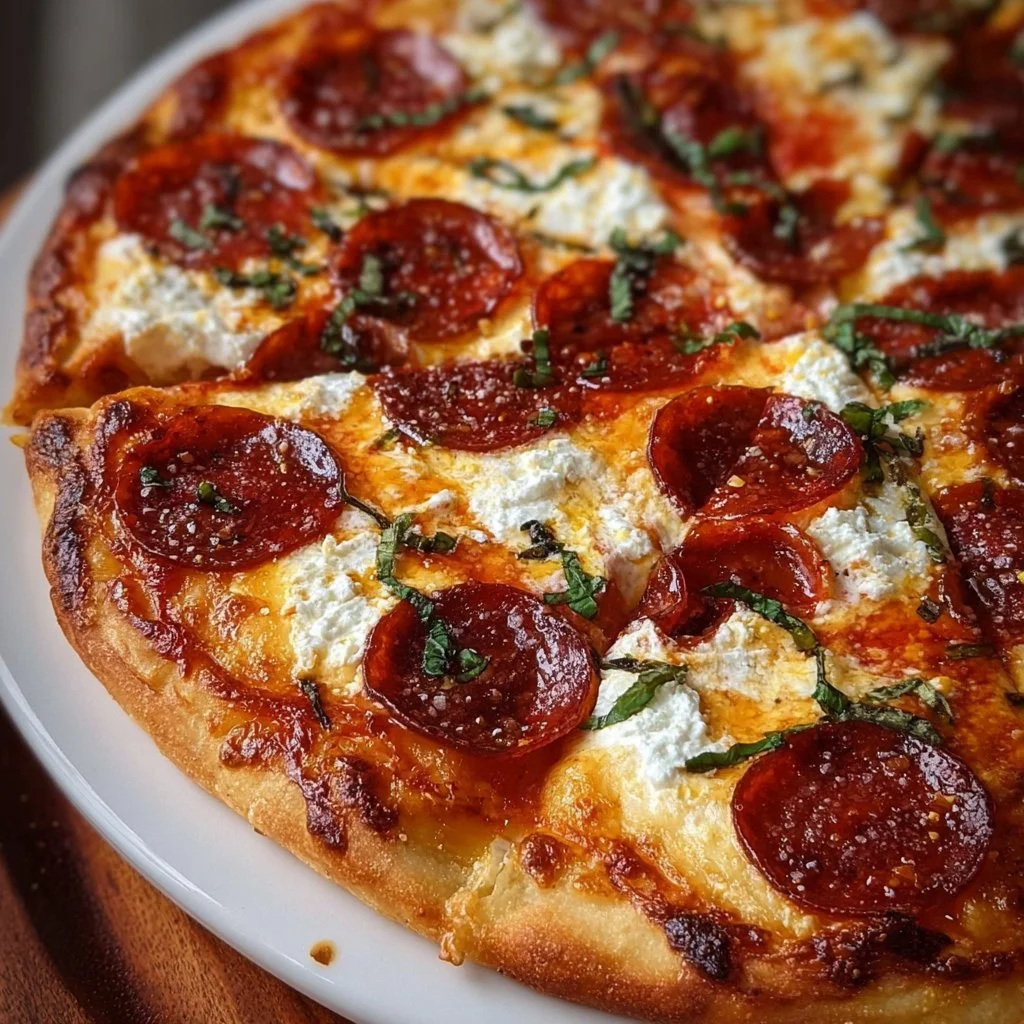 Hot Honey Pepperoni Pizza topped with spicy pepperoni and sweet honey drizzle