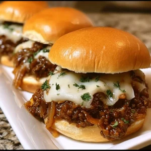 Delicious French onion beef sloppy joes served on a toasted bun with melted cheese