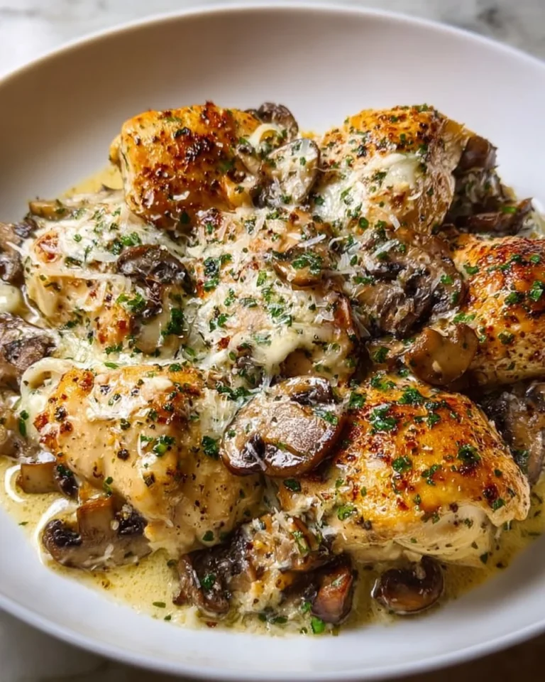 Keto Garlic Mushroom Chicken Casserole topped with cheese and herbs