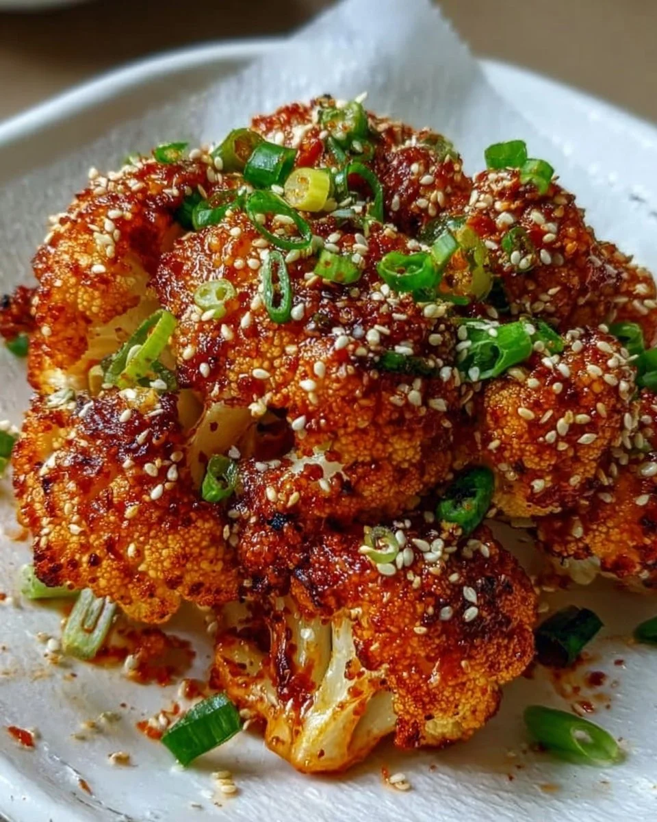 Korean style baked cauliflower fresh out of the oven, garnished and ready to serve.