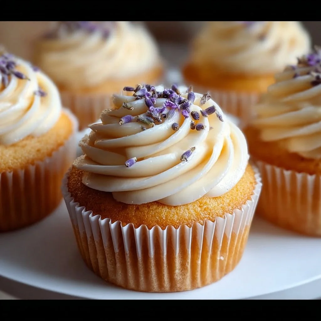 Lavender Honey Cupcakes topped with creamy frosting and edible flowers.