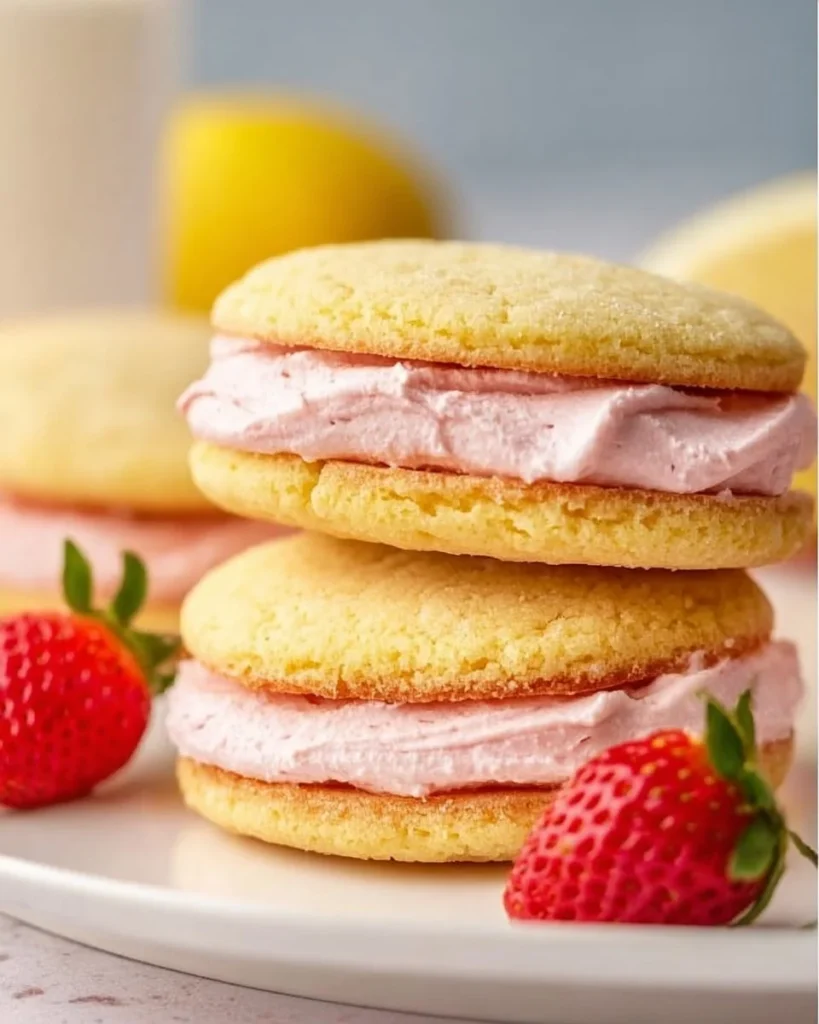 Lemon sandwich cookies topped with strawberry frosting on a white plate