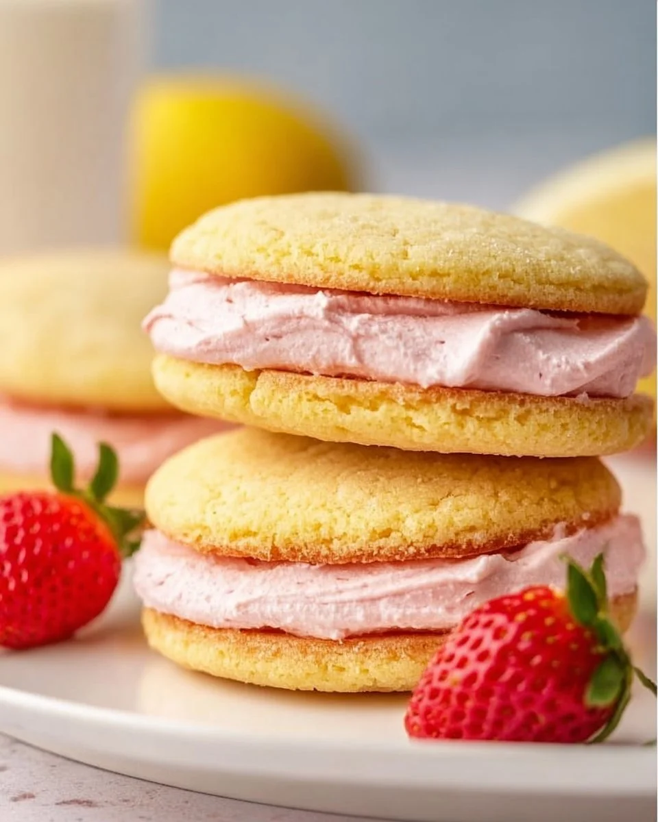 Lemon sandwich cookies topped with strawberry frosting on a white plate