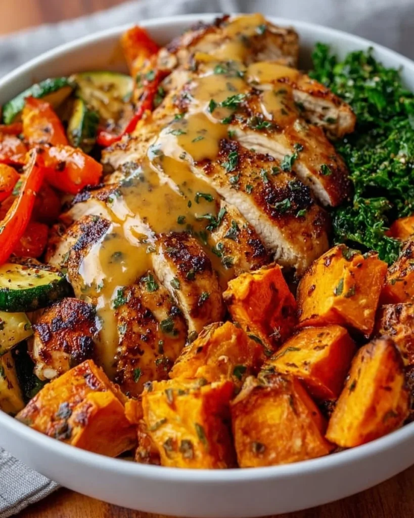 Maple Dijon Chicken Bowl with roasted sweet potatoes and vegetables