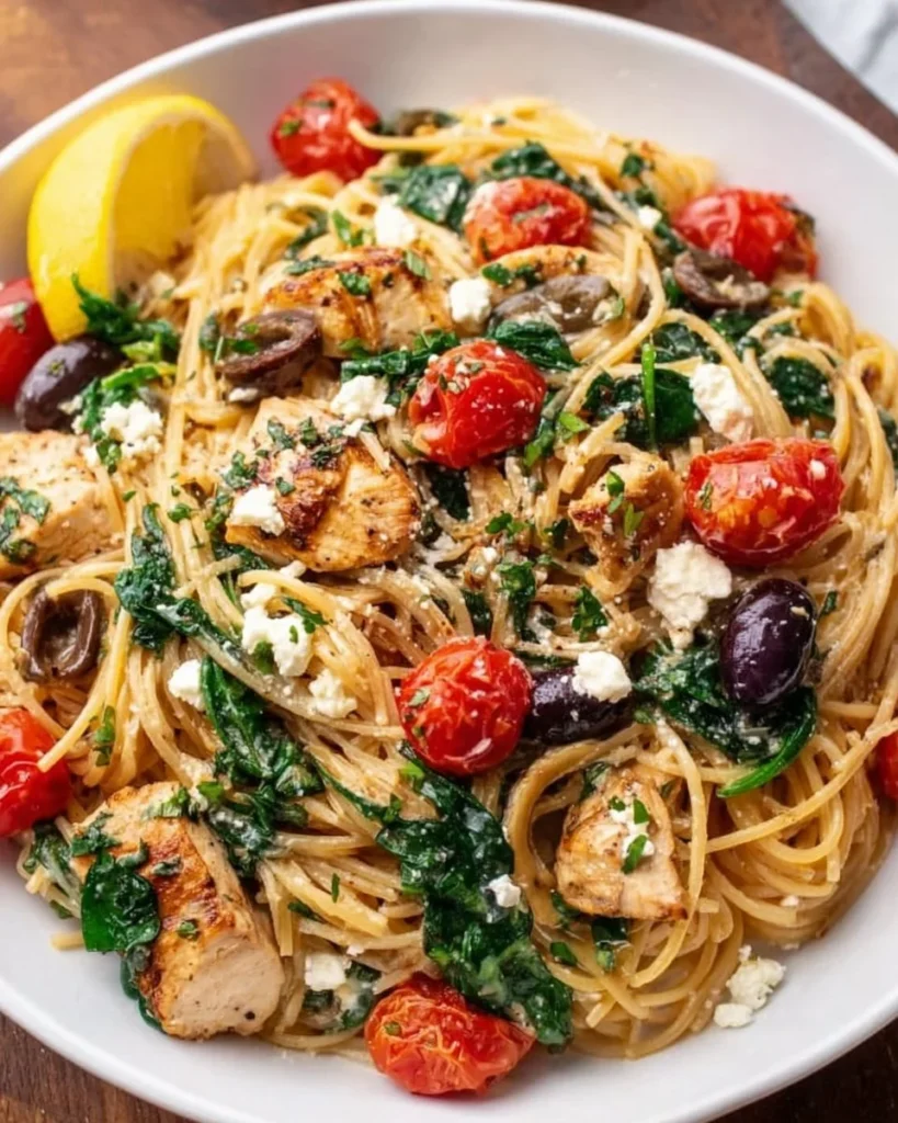 Delicious Mediterranean One Pot Pasta with colorful vegetables and herbs.