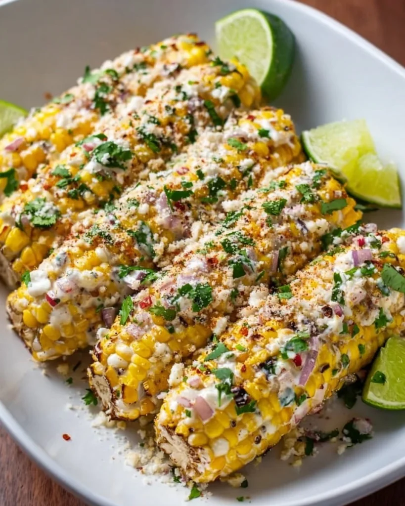 Delicious Mexican street corn with toppings of cheese, lime, and spices