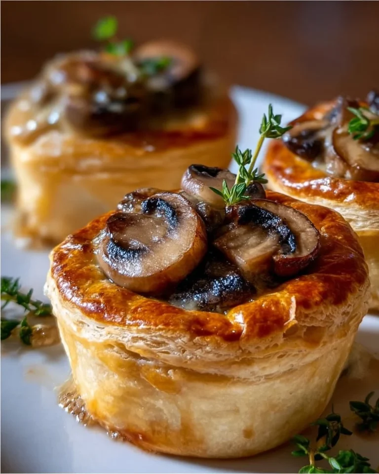 Mini mushroom and Gruyère pot pies topped with fresh thyme