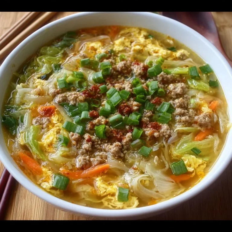 Bowl of One-Pot Egg Roll Soup with vegetables and seasonings