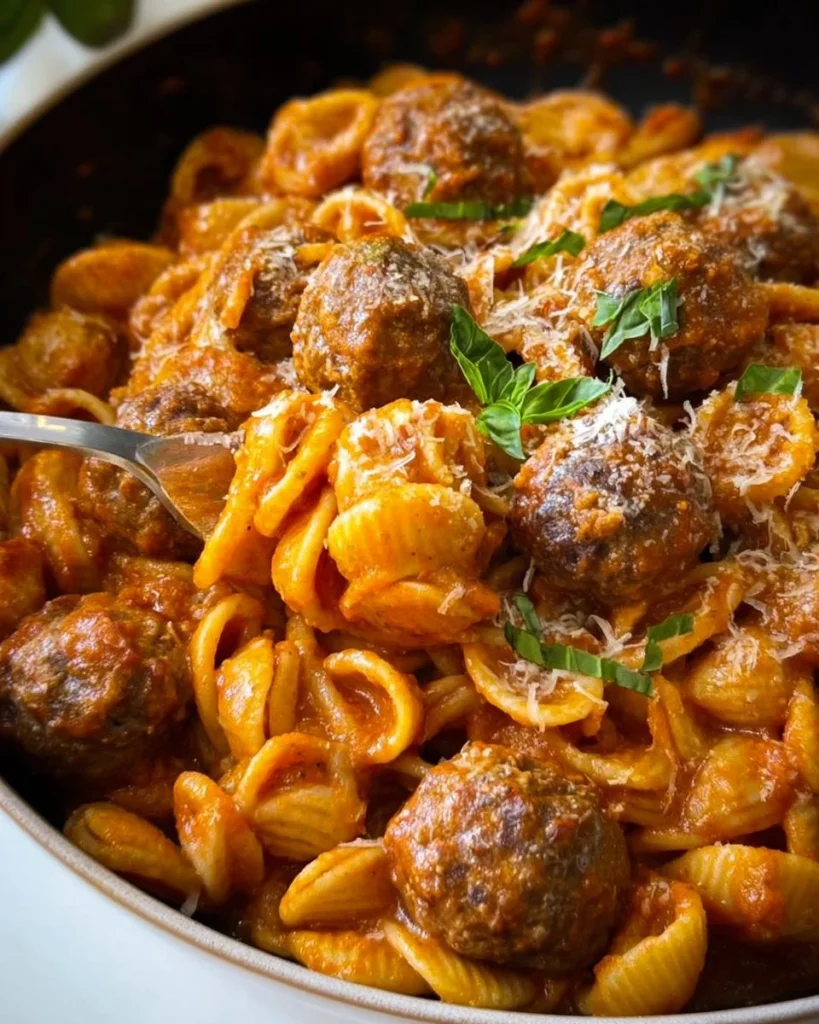 One Pot Meatball Pasta in a skillet, garnished with herbs and cheese.