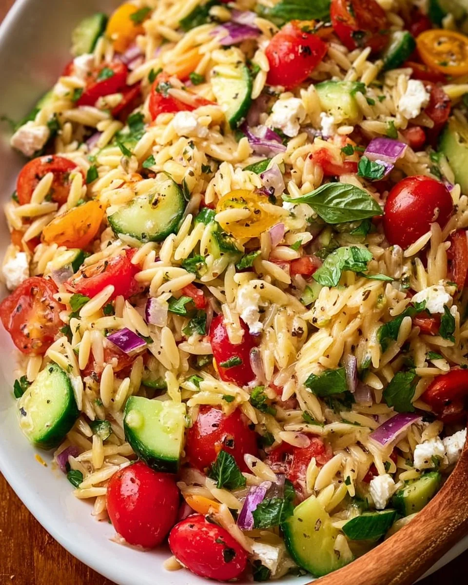 Delicious Orzo Salad made with fresh vegetables and herbs